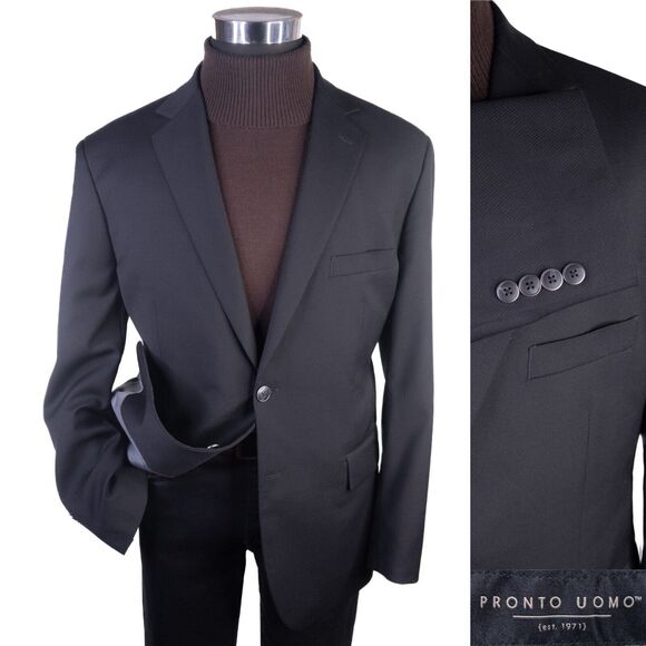 Pronto Uomo Mens 2-Buttn  Black Blazer Wool Sport Coat Suit Jacket 44R - Picture 1 of 13